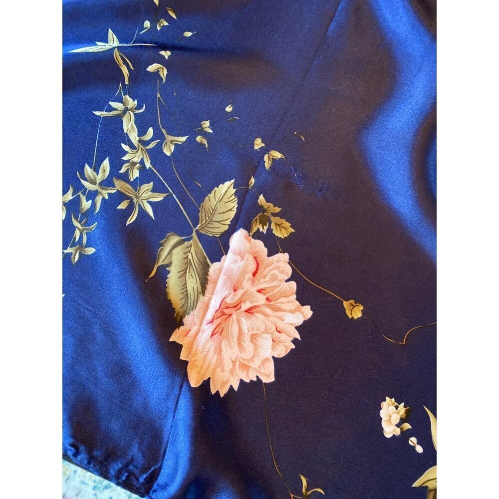 Navy Blue Silk Pink Peony Floral Silk Scarf - Picture 4 of 6